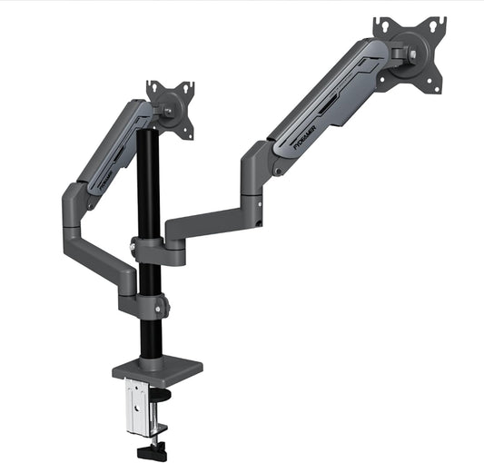 Fydeamer Dubbele monitorarm met hoge stang, verticale dubbele montage, zware gasveer bureausteun voor schermen van 17-32 inch tot 9 kg, volledig verstelbare VESA-standaard, donkergrijs