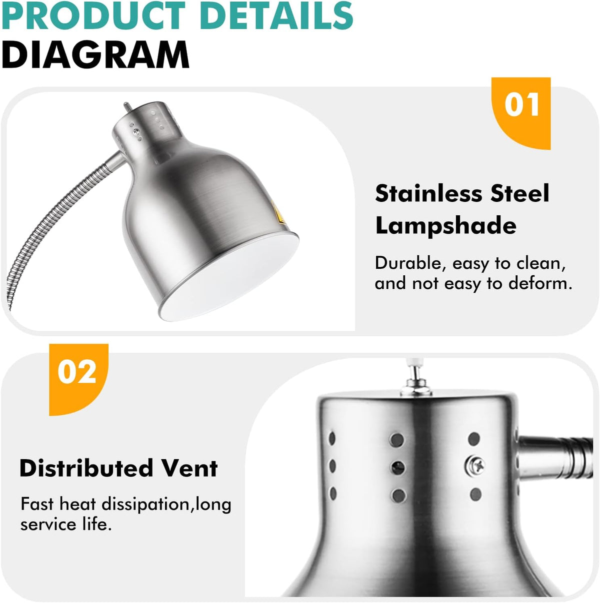 YJINGRUI Vrijstaande warmtelamp voor levensmiddelen, 250 W, zilver, buffet, levensmiddelen, verwarmingslamp met slang, rekbaar tot 70 cm, voor buffet, keuken, restaurant (enkele gloeilamp)