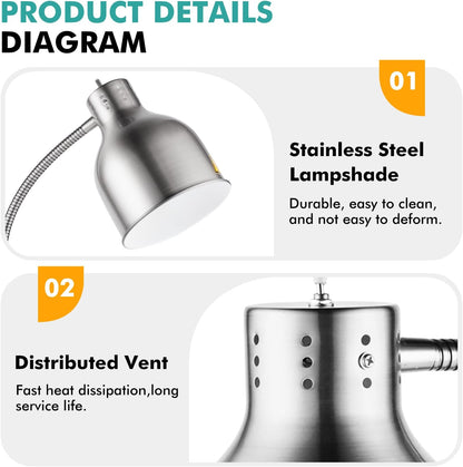 YJINGRUI Vrijstaande warmtelamp voor levensmiddelen, 250 W, zilver, buffet, levensmiddelen, verwarmingslamp met slang, rekbaar tot 70 cm, voor buffet, keuken, restaurant (enkele gloeilamp)