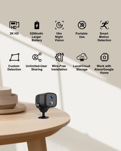UCOCARE Spionagecamera draadloos 2-delig, op 5200 mAh batterij, 1080P HD, 160 graden, 10 m nachtzicht, Ondersteunt SD/Cloud