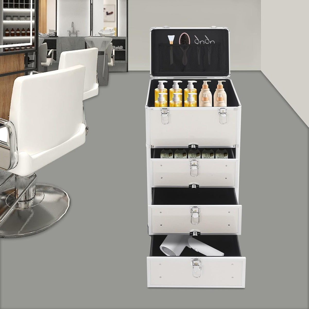 Make-Up Koffer – Make-Up Trolley – Cosmetica Koffer – Visagiekoffer – Beautycase – Aluminium Behuizing – Vergrendelbaar Met 3 Lades & 4 Wielen