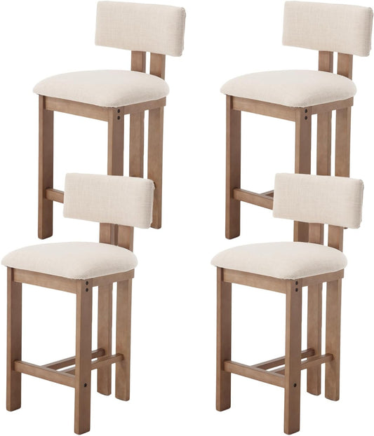 chairus Vintage Bar Stool, 4 Pieces, Linen Bar Stool, Solid Wood Base, High Bar Chair for Counter, Beige - QUORE
