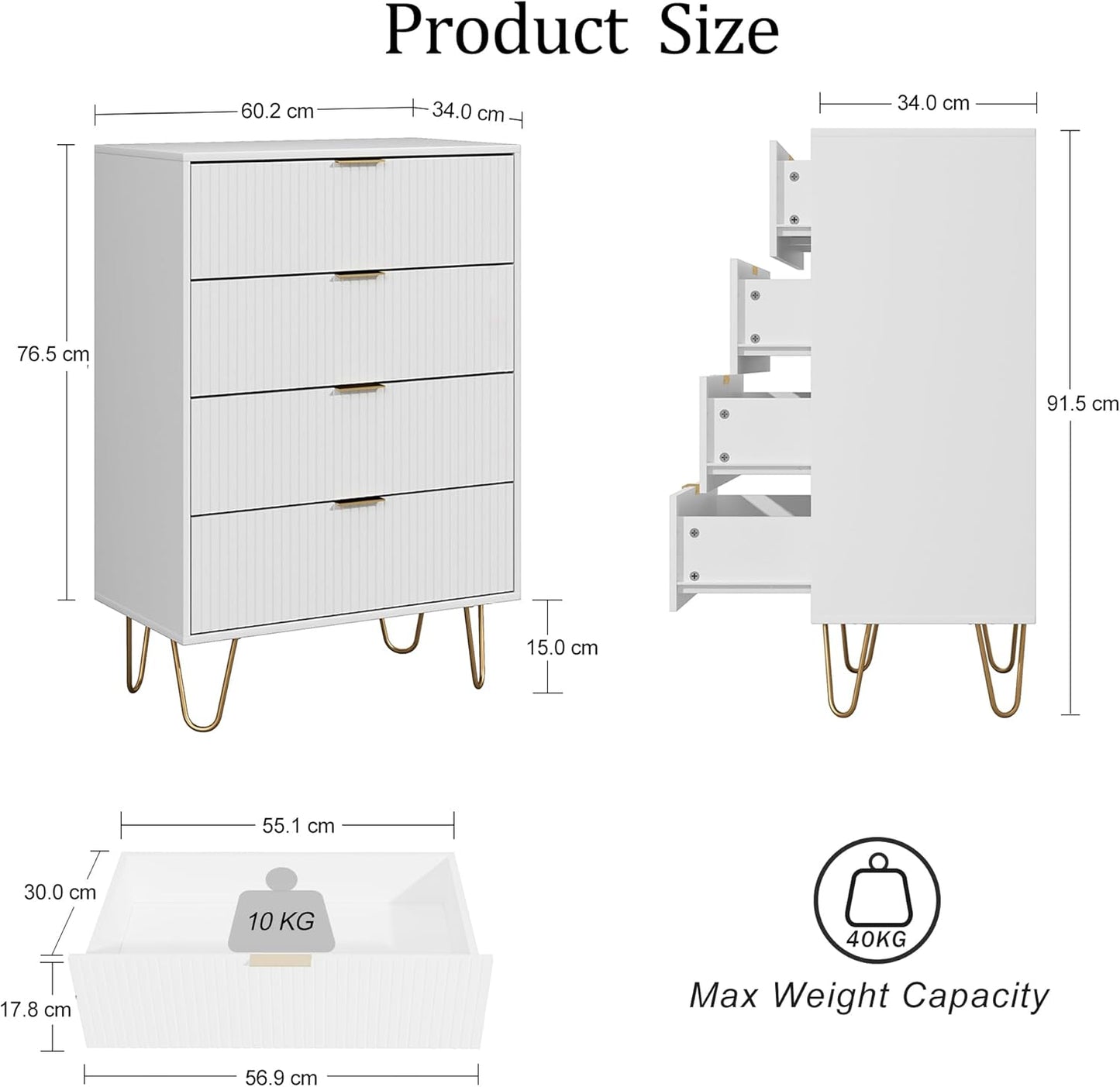 Ladecommode, houten 4 laden kast opbergorganizer, hoge hoogglans ladekast met gouden metalen poten voor slaapkamer, woonkamer, kast, hal, wit