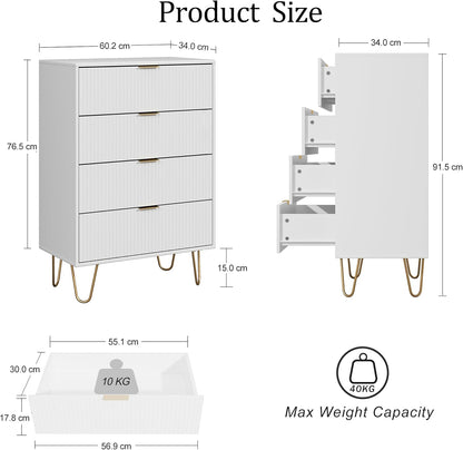 Ladecommode, houten 4 laden kast opbergorganizer, hoge hoogglans ladekast met gouden metalen poten voor slaapkamer, woonkamer, kast, hal, wit