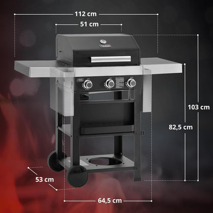 TAINO WABAYA 3+0 Gas Grill Trolley 2 Burners Ceramic Skewer Piezo Ignition Thermometer Warming Rack Matt Black - QUORE