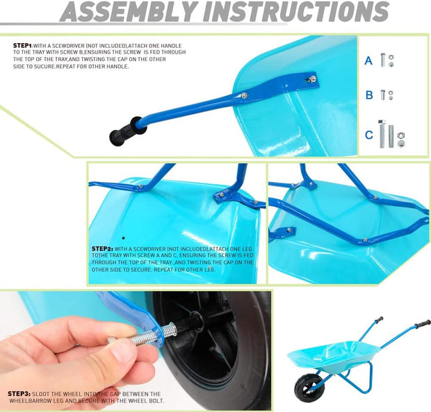 Kruiwagen - Kruiwagen voor Kinderen - 5 Stuks - Tuinset - met Schop - Hark - Vork - Kinderhandschoenen - Lichtgewicht - Gemakkelijke Assemblage - Duurzaam - Metaal - 73.6 x 35.5 x 43 cm - Blauw