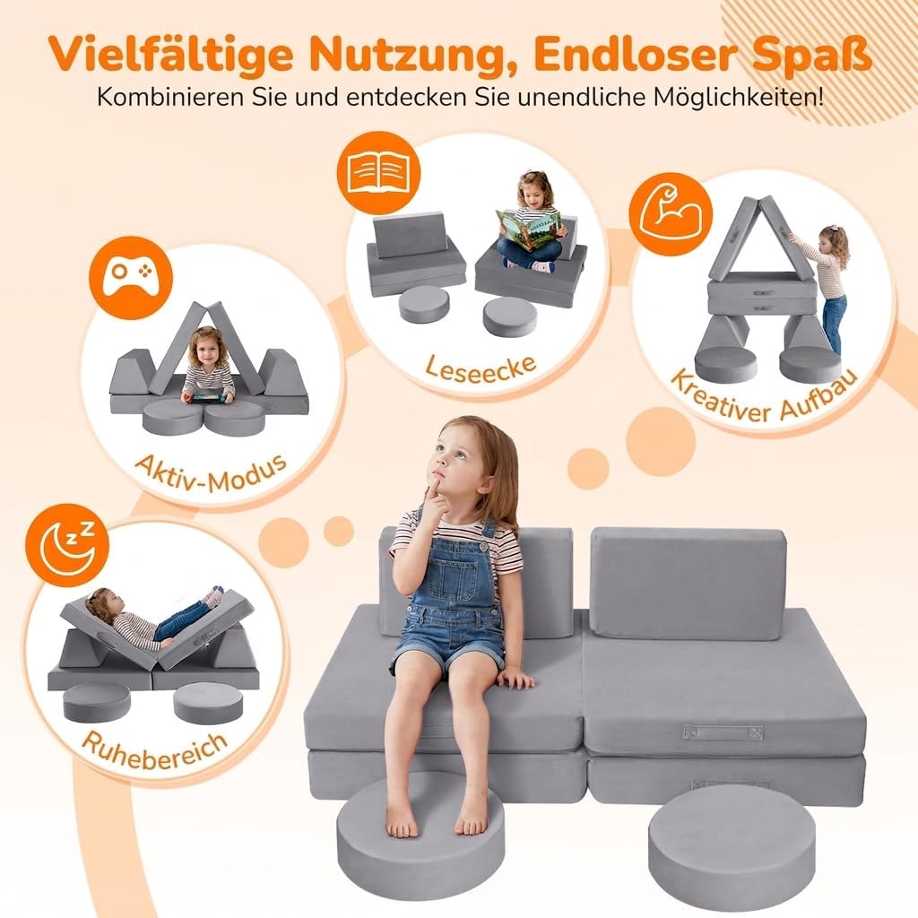 MeMoreCool Speelbank voor kinderen, Modulair fauteuilbank voor knuffelhoek kinderkamer, Slaapbank, 8-delig kinderbank speelset, Schuimbank met slaapfunctie voor meisjes jongens, Grijs
