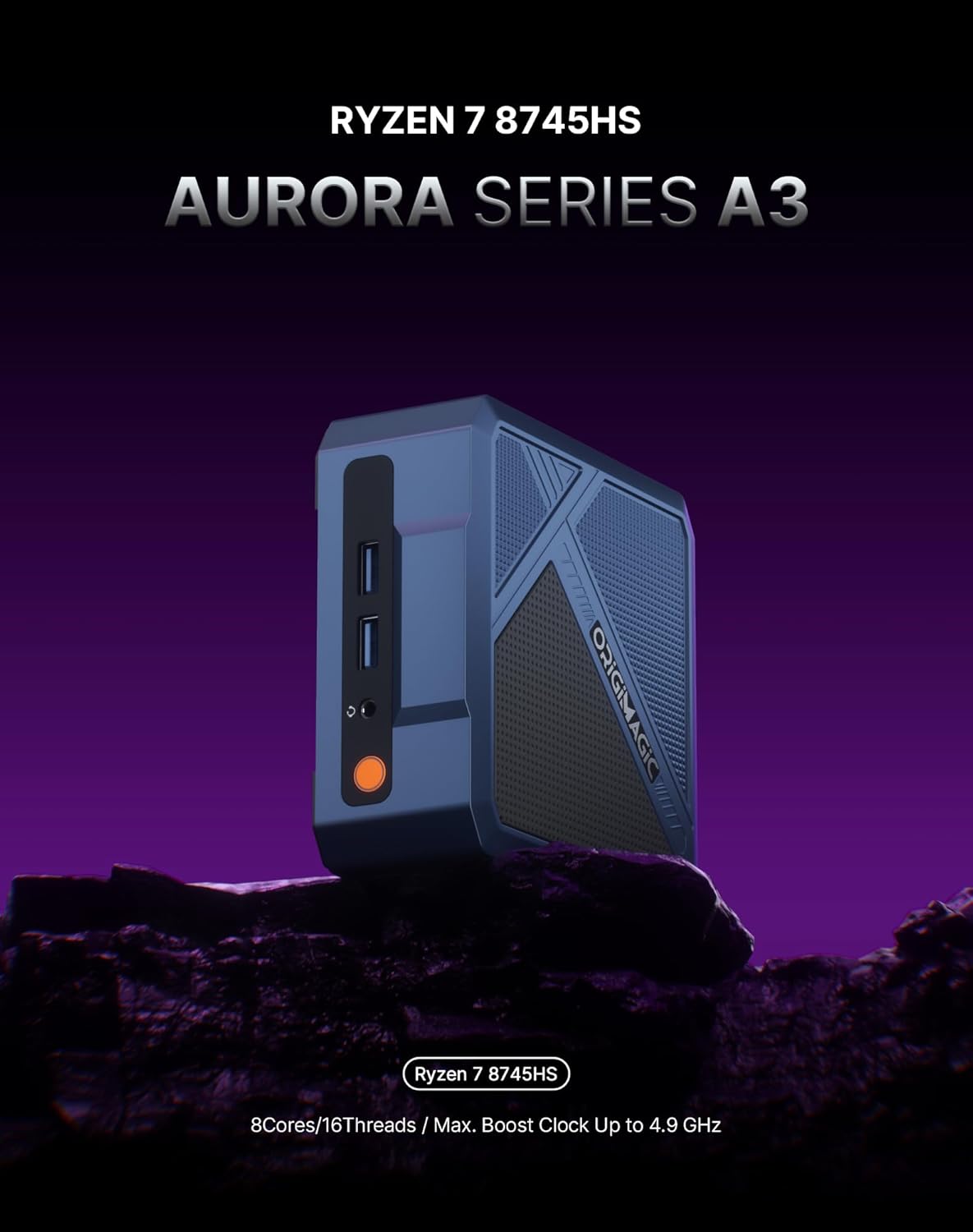 Mini PC A3 with Ryzen 7 8745HS (up to 4.9GHz), 32GB DDR5 (64GB MAX), 1TB SSD, Quad Screen Display, WiFi 6E, BT5.2/2.5G LAN. Ethernet Gaming/Design/Office/Environment. - QUORE
