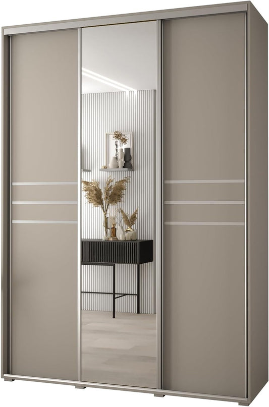 MEBLE KRYSPOL Dakota 11 Wardrobe with Three Sliding Doors - Modern Wardrobe with Mirror, Clothes Rod and Shelves - 235x170x60cm - CashmereSilver - QUORE