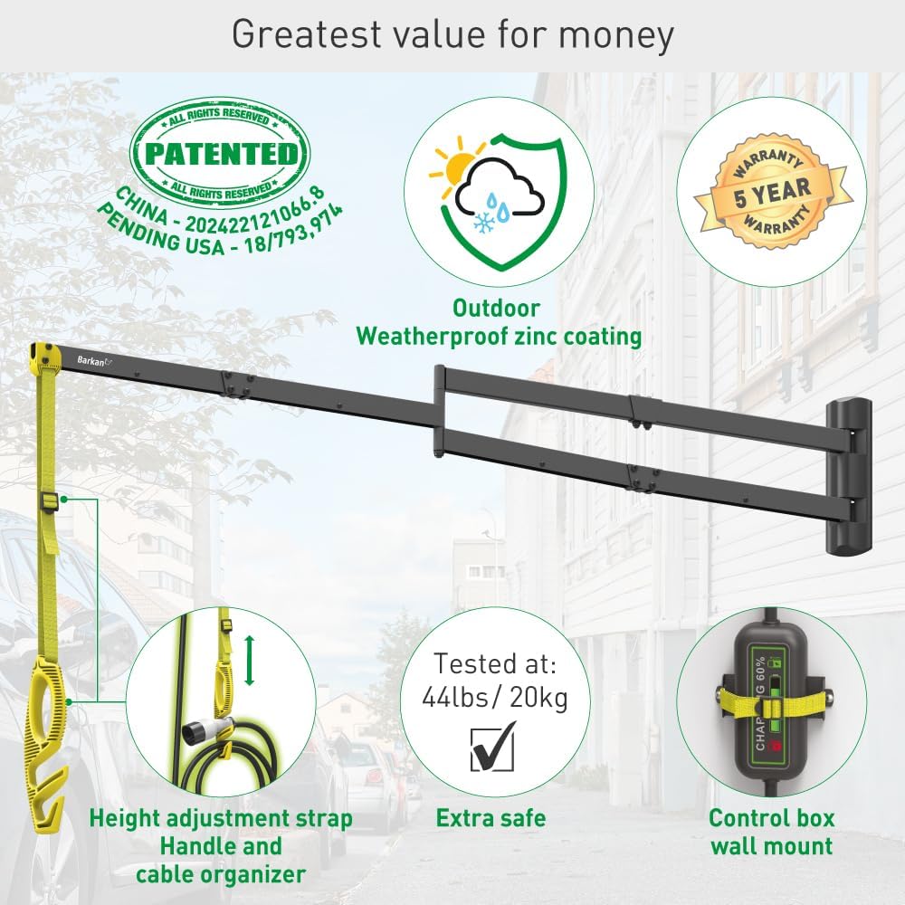 Barkan 160 cm lange EV oplaadkabel wandhouder arm, 5 jaar garantie, buiten/outdoor, weerbestendig en waterdicht, voor E-auto EV/PHEV/elektrische autokabel