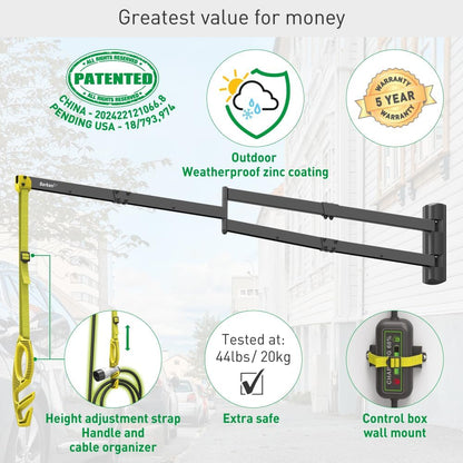 Barkan 160 cm lange EV oplaadkabel wandhouder arm, 5 jaar garantie, buiten/outdoor, weerbestendig en waterdicht, voor E-auto EV/PHEV/elektrische autokabel