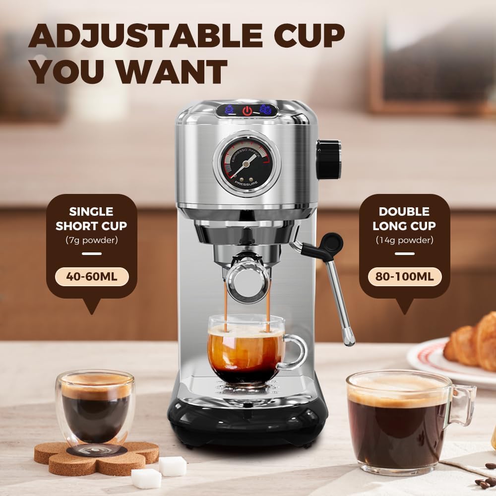 CAFELFFE MK-601 20-bar espressomachine met melkopschuimer en manometer, warm-/koudfunctie, 1450 W snelzetvermogen, 2-in-1 machine, compatibel met gemalen koffie en 44 mm ESE-pads