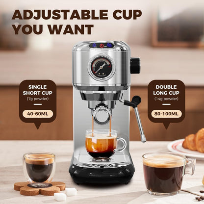 CAFELFFE MK-601 20-bar espressomachine met melkopschuimer en manometer, warm-/koudfunctie, 1450 W snelzetvermogen, 2-in-1 machine, compatibel met gemalen koffie en 44 mm ESE-pads