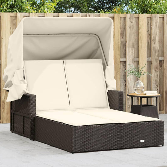 365808 Double Sun Lounger with Sun Canopy and Cushion Poly Rattan Brown Garden Sun Lounger Outdoor Pool Lounger Sun Lounger Sun Lounger Garden Bed Beach Chair - QUORE