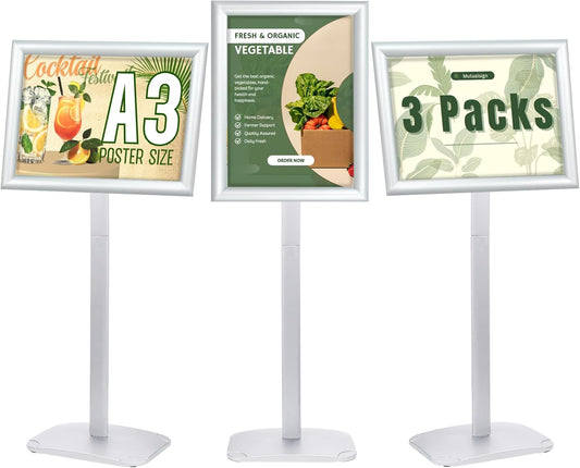 A3 Posterstandaard Set Van 3 Zilver – Posterstandaard – Bordstandaard – Bordhouder – Menustandaard – Verzwaarde Voet 2,6 Kg – Open Klikframe Met UV-Bestendige PVC Hoes