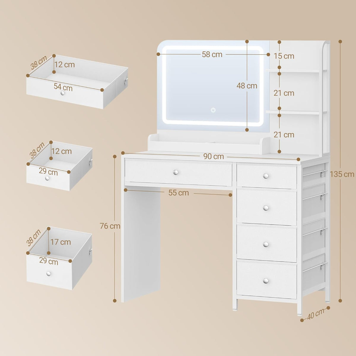 Hzuaneri Dressing Table with LED Lighting, Dressing Table A Large HD Mirror, 5 Drawers and 2 Storage Shelves, Ideal For A Bedroom Or Dressing Room, Modern White DT43903XEU