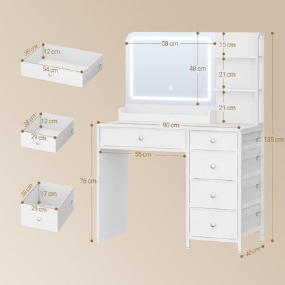 Hzuaneri Dressing Table with LED Lighting, Dressing Table A Large HD Mirror, 5 Drawers and 2 Storage Shelves, Ideal For A Bedroom Or Dressing Room, Modern White DT43903XEU