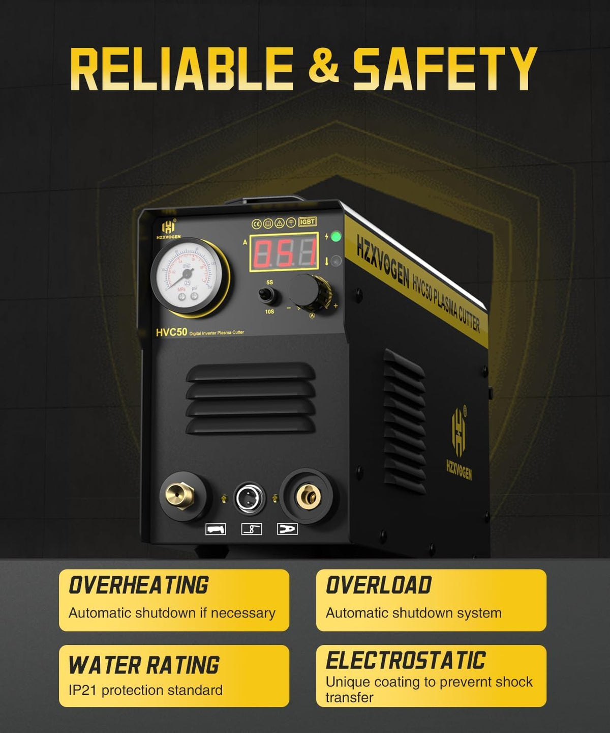 H HZXVOGEN Plasmasnijder, 50A Draagbare HF-luchtplasmasnijder met digitaal display en nabewerking, 230V DC IGBT-inverter, 1/3 inch schone snede voor beginners doe-het-zelf (HVC50)