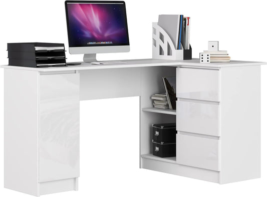 AKORD Corner desk B-20 with 3 drawers, 2 shelves and a shelf with door | desk | corner desk for home office | W155 x H77 x T85, 60 kg | White & White glossy Front - QUORE