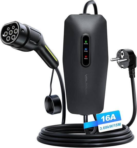 Oplaadkabel Type 2 – EV Laadkabel – Elektrische Autokabel – Type 2 Stekkerkabel – Thuislaadkabel – 15 Meter Lang – 3,68 kW Laadvermogen – IP65 Waterdicht