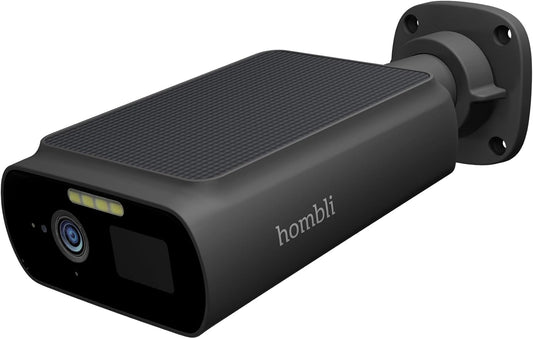 Hombli Zonnecamera 2K QHD – Milieuvriendelijke Oplaadbare Beveiligingscamera op Zonne-energie met Flexibele Bevestiging, Alarm & Schijnwerper – Infrarood & Kleurennachtzicht, Bewegingsdetectie, IP66