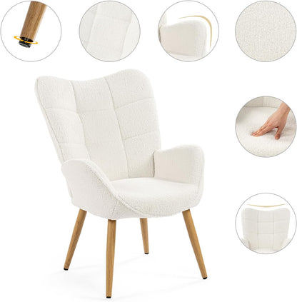 MEUBLE COSY Gestoffeerde fauteuil, woonkamerstoel met armleuningen, relaxstoel met hoge rugleuning en dik kussen, houten poten voor slaapkamer, woonkamer, bouclé stof, beige