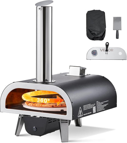 VEVOR Houtgestookte pizzaoven buiten, 30 cm automatisch roterende pizzaovens, draagbare pelletpizzamachine met thermometer en elektrisch roterend systeem, pizzasteen, draagtas en schep voor achtertuin
