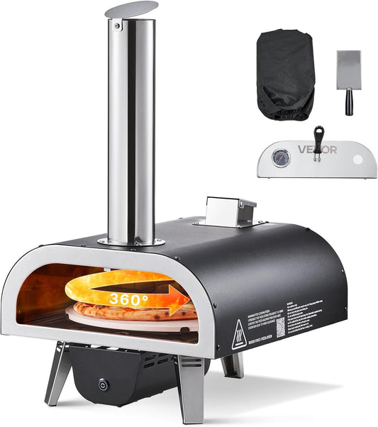 VEVOR Houtgestookte pizzaoven buiten, 30 cm automatisch roterende pizzaovens, draagbare pelletpizzamachine met thermometer en elektrisch roterend systeem, pizzasteen, draagtas en schep voor achtertuin