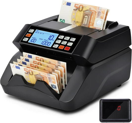 Geldtelmachine geldteller bankbiljettenteller met UV/MG/IR/MT, bankbiljettentellermachine geldbiljettenteller met 3,5" LCD-display en extern display, 1000 vellen/min