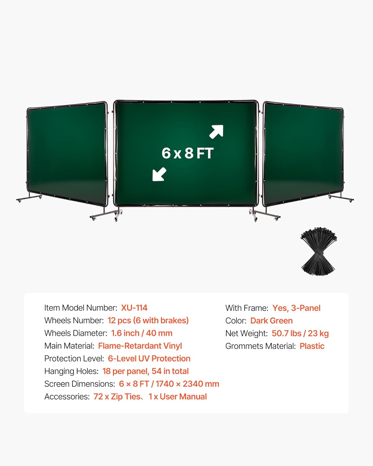 VEVOR Lasscherm met frame, 3 panelen, 15 x 20 cm, vlambestendig vinyl, veiligheidsschermen met 12 wielen en 6 niveaus uv-bescherming voor werkplaats/industrieel gebruik, donkergroen