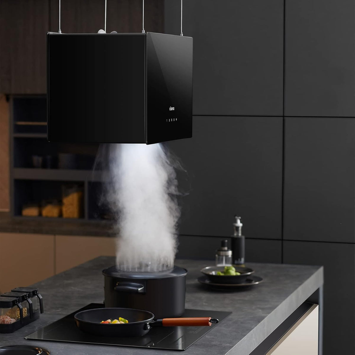 CIARRA CBCB4850 A+++ eilandafzuigkap recirculatie vrijhangend afzuigkap 48 cm 700 m³/u met slimme Wi-Fi app 4 snelheden boostfunctie glazen front inclusief actiefkoolfilter CBCF003 zwart