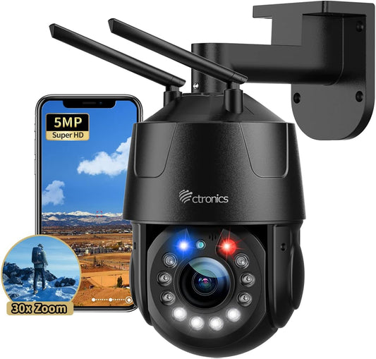 Ctronics Bewakingscamera, 5MP, 30x, wifi, voor buiten, HD-nachtzicht, 150 m, PTZ-beveiligingscamera, menselijke detectie, automatisch tracking, akoestisch alarm, IP66 waterdicht, zwart