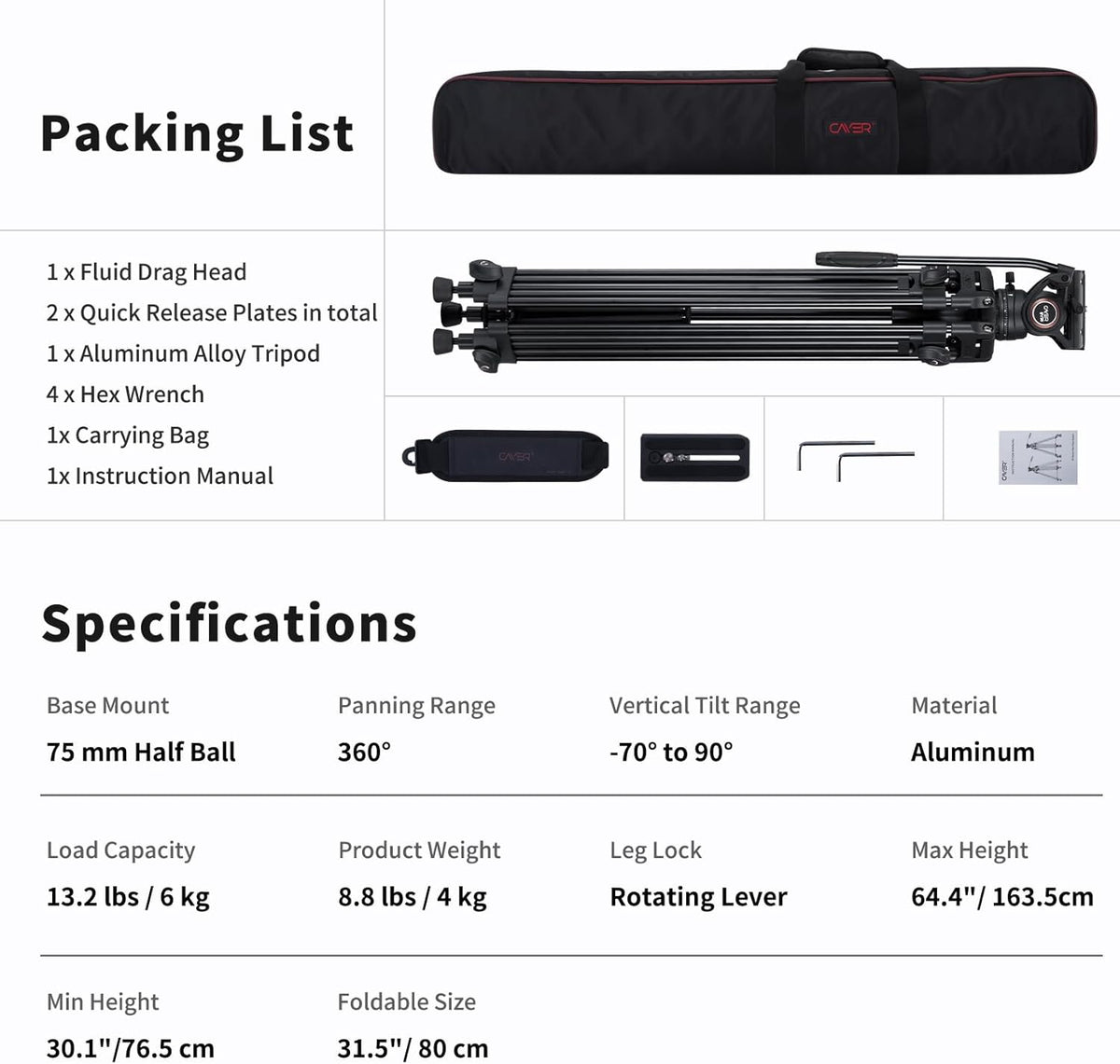 Videostatief – Camerastatief – Filmstatief – DSLR Statief – 162,5 cm Aluminium – 360° Vloeistofkop en Mid-Level Spreader