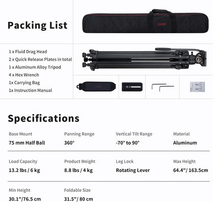 Videostatief – Camerastatief – Filmstatief – DSLR Statief – 162,5 cm Aluminium – 360° Vloeistofkop en Mid-Level Spreader