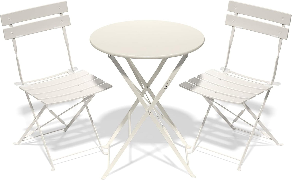 Tuinmeubelset, weerbestendig, balkonmeubelset, 3-delig, voor klein balkon, bistrotafel met 2 stoelen, bistroset, inklapbaar, wit