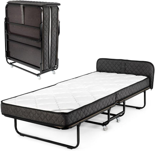Edward Bed & Bath Opklapbaar logeerbed met wieltjes, 90 x 200 cm, 14 cm pocketveringmatras (middelhard), ruimtebesparend, stabiel en belastbaar, opklapbed, beige