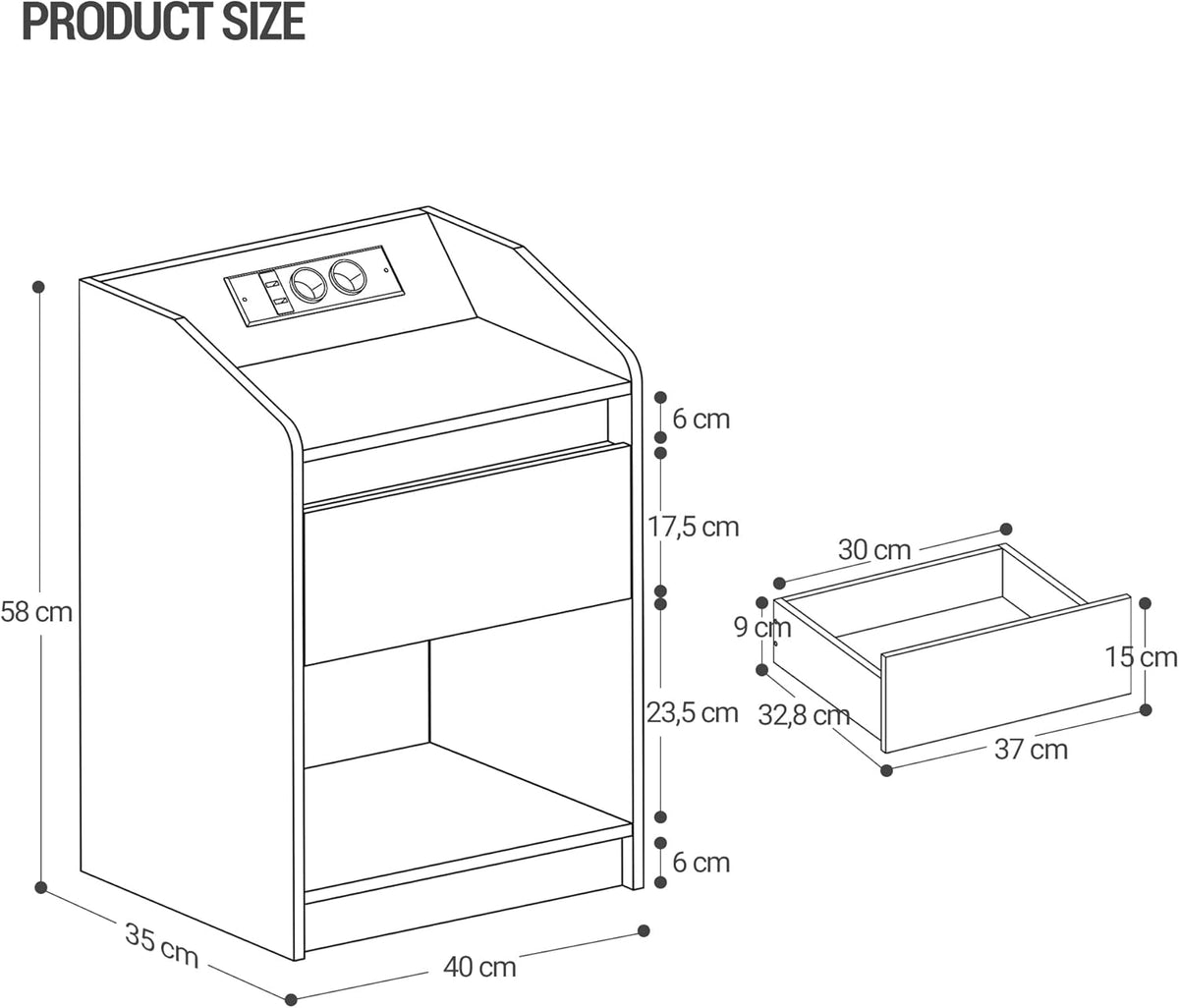 Hzuaneri Bedside Table Set of 2 with LED Light, Bedside Table with Charging Dock, 1 Storage Drawer for Bedroom, Living Room, 2 USB Ports, 2 Power Outlets, Open Compartment Black NS09104X