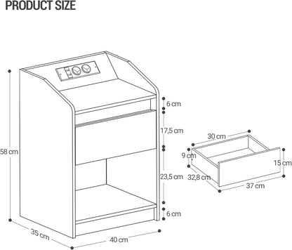 Hzuaneri Bedside Table with LED Light, Side Table with Charging Station, 1 Storage Drawer, Bedside Table for Bedroom, Living Room, 2 USB Ports, 2 Sockets, Set of 2, White NS09003X