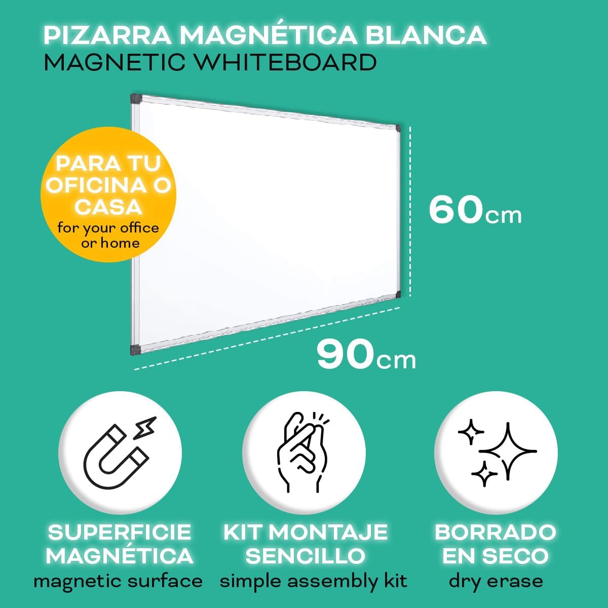 Whiteboard, magneetbord met aluminium frame, glad oppervlak, gemakkelijk te verwijderen, bord voor notities, tekenen, leren of organiseren, gereedschap voor kantoor en school - gastronomie (3u, 90 x