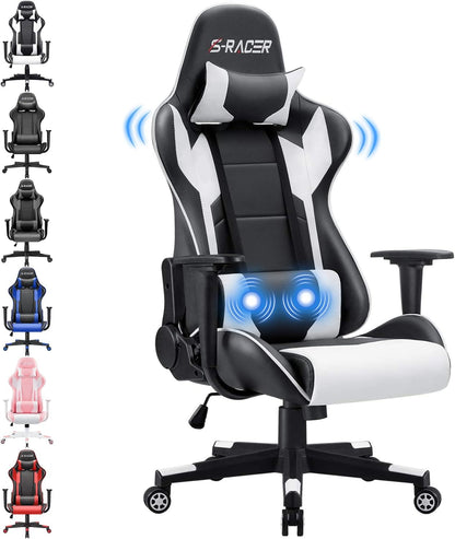Homall Gamingstoel, bureaustoel, draaibare racestoel, computerstoel, pc-gamerstoel, ergonomisch ontwerp, zwaar belastbare stoel, hoge rugleuning ligstoel met kussen en rugsteun (wit)