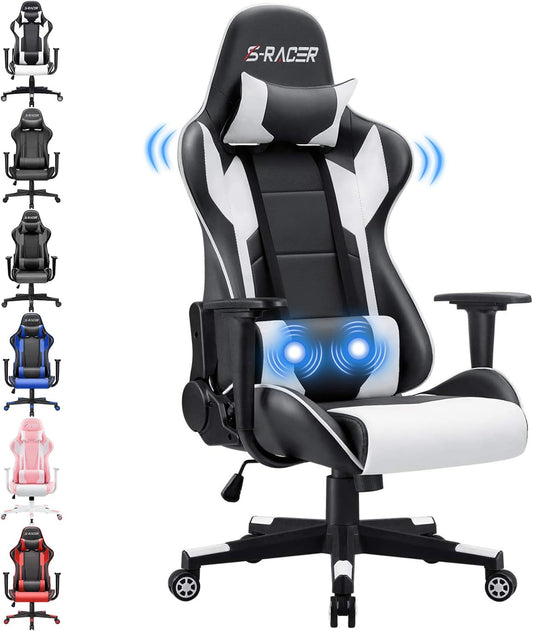 Homall Gamingstoel, bureaustoel, draaibare racestoel, computerstoel, pc-gamerstoel, ergonomisch ontwerp, zwaar belastbare stoel, hoge rugleuning ligstoel met kussen en rugsteun (wit)