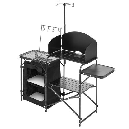 VEVOR Keukentafel voor camping buiten, aluminium, met opbergkast, draagtas, afneembare voorruit, geschikt voor barbecue, feest, picknick, reizen, camper, zwart