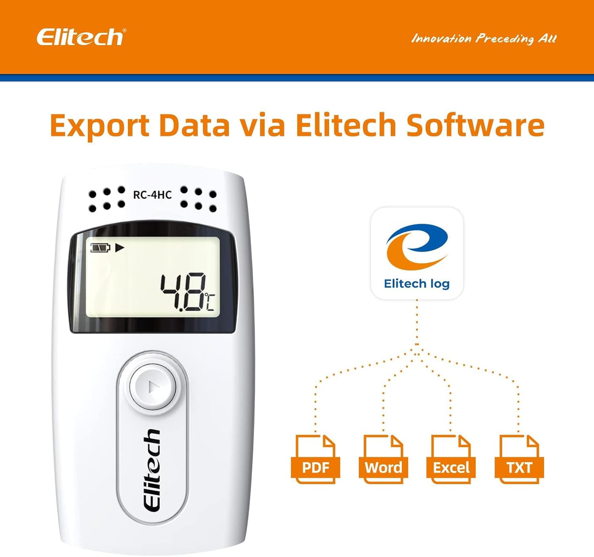Elitech Datalogger voor temperatuurgegevens, dubbele sensor, groot meetbereik, USB, PDF, LCD, datalogger RC-4HC, 5 stuks