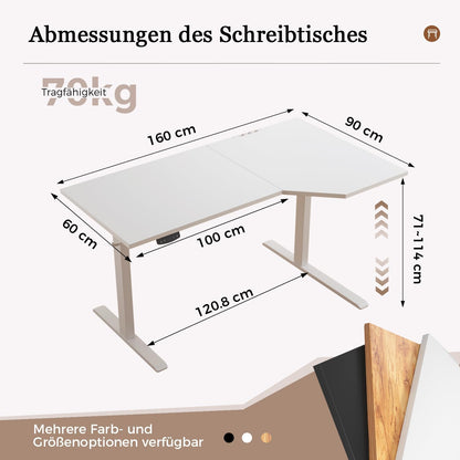 Klicelor L-Shaped Adjustable Height Desk, 160x (60-90cm), Electric Standing Desk, Sit-Stand Desks for Home Office, Ergonomic Computer Table with Split Plate, White - QUORE