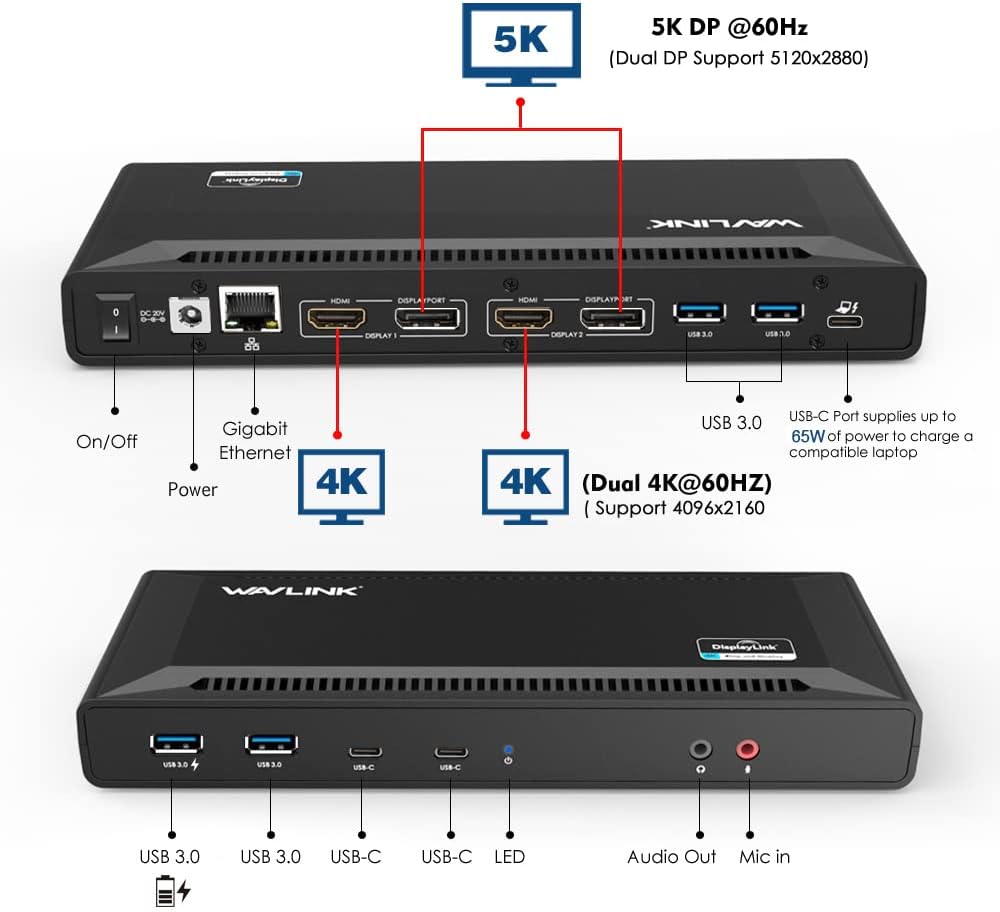 WAVLINK USB C Dual 4K Laptop Docking Station met 60W Power Delivery, ondersteunt dubbele 4K video-uitgangen (DisplayPort en HDMI, Gigabit Ethernet, Audio Out en Mic In, 4 USB 3.0 en 2 USB C-poorten)