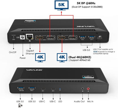 WAVLINK USB C Dual 4K Laptop Docking Station met 60W Power Delivery, ondersteunt dubbele 4K video-uitgangen (DisplayPort en HDMI, Gigabit Ethernet, Audio Out en Mic In, 4 USB 3.0 en 2 USB C-poorten)