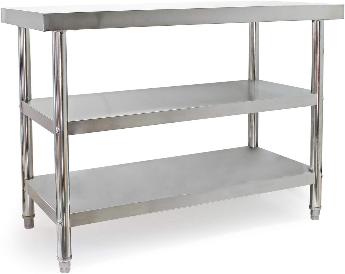 Wiltec roestvrijstalen werktafel 120x60x85 cm, horeca keukentafel 120 kg met 2 planken, gastronomie keukenwerktafel met opslagplanken, rvs restaurant bereidingstafel tafelblad