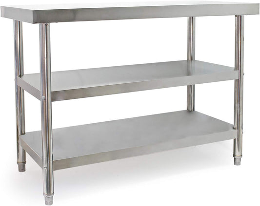 Wiltec roestvrijstalen werktafel 120x60x85 cm, horeca keukentafel 120 kg met 2 planken, gastronomie keukenwerktafel met opslagplanken, rvs restaurant bereidingstafel tafelblad