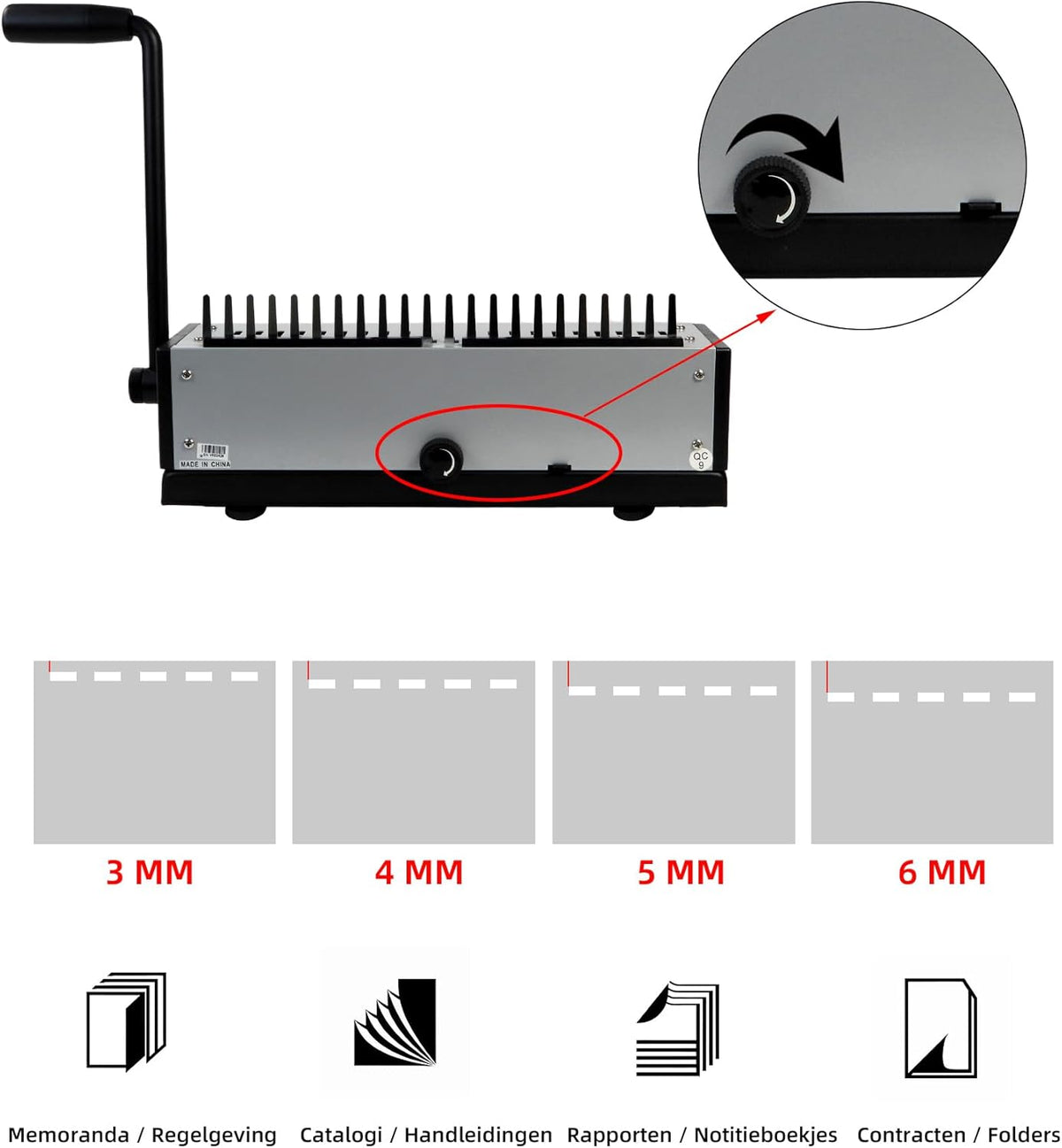 RAYSON SD-1501A21 Plastic kambindmachine, 21 gaten, perforeert 12 A4-bladzijden, bindt tot 200 pagina’s, Aanpasbaar ponsmes