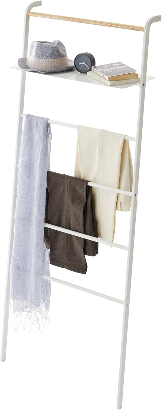 Yamazaki 3871 TOWER Leaning Ladder Hanger with Shelf, white, Steel/Wood, 66 x 30~38 x 160 cm